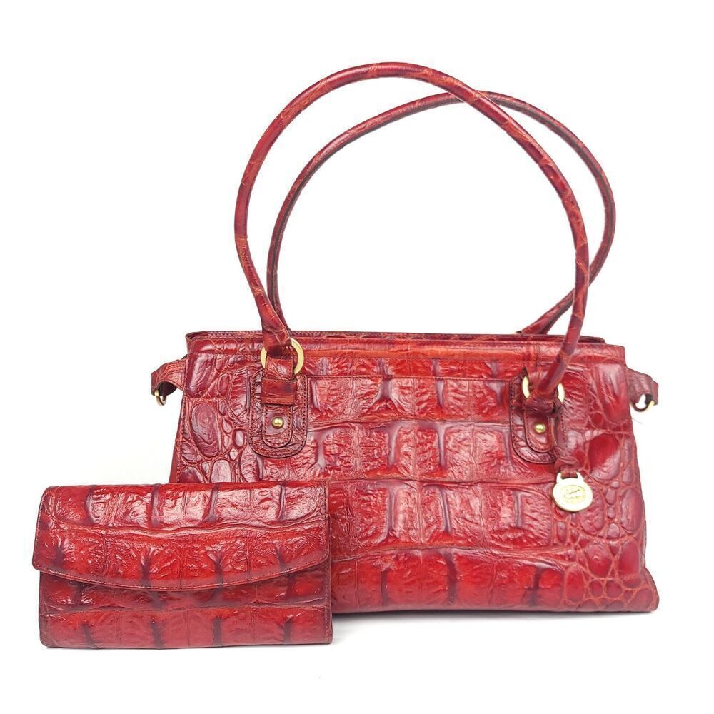 BRAHMIN Large Red Croc Embossed Luxury Leather Tote Shoulder Bag + Wallet Set